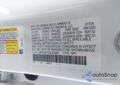 2025 Honda Cr-V Ex-L 2Wd z USA, uszkodzony, nr VIN 5J6RS3H73SL003488